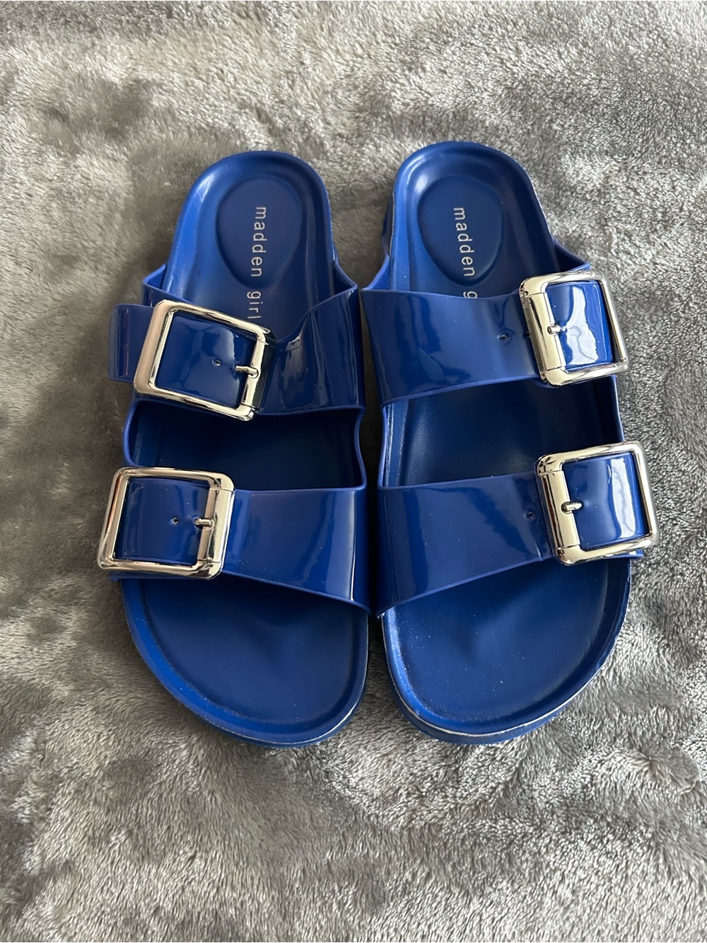 Madden Girl Shiny Royal Blue Double-Buckle Slide Sandals